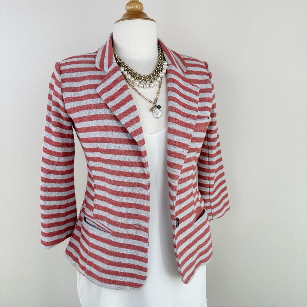 Anthropologie Cartonnier Gray Red Striped Cropped Jacket Blazer Size XSP